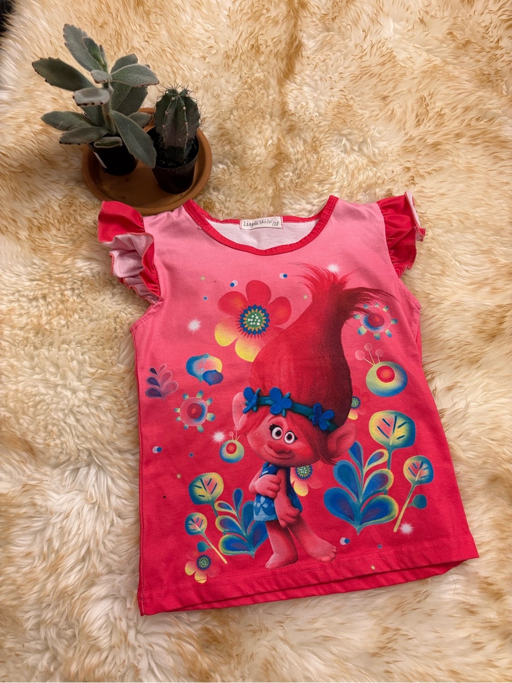 3T Trolls poppy Girls' Pink Trolls Graphic Tee with Flutter Sleeves
